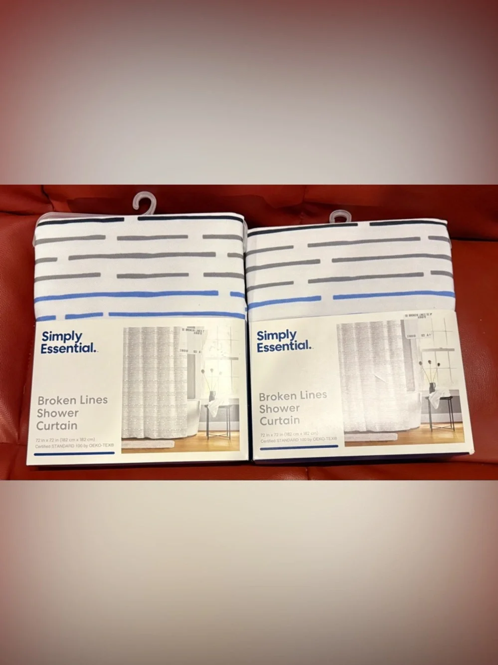 2 Simply Essential Broken Lines Shower Curtains- White with Gray & Blue Accents